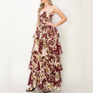 Cream and Burgundy Floral Print Multicolor Sleeveless Smocked Tiered Maxi Dress